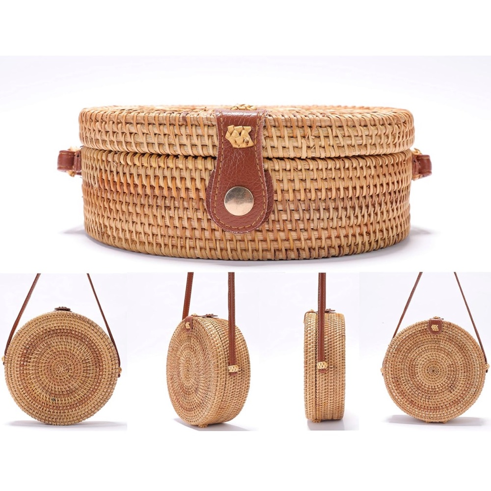 Handwoven Round Rattan Shoulder Leather Straps Natural Chic Hand